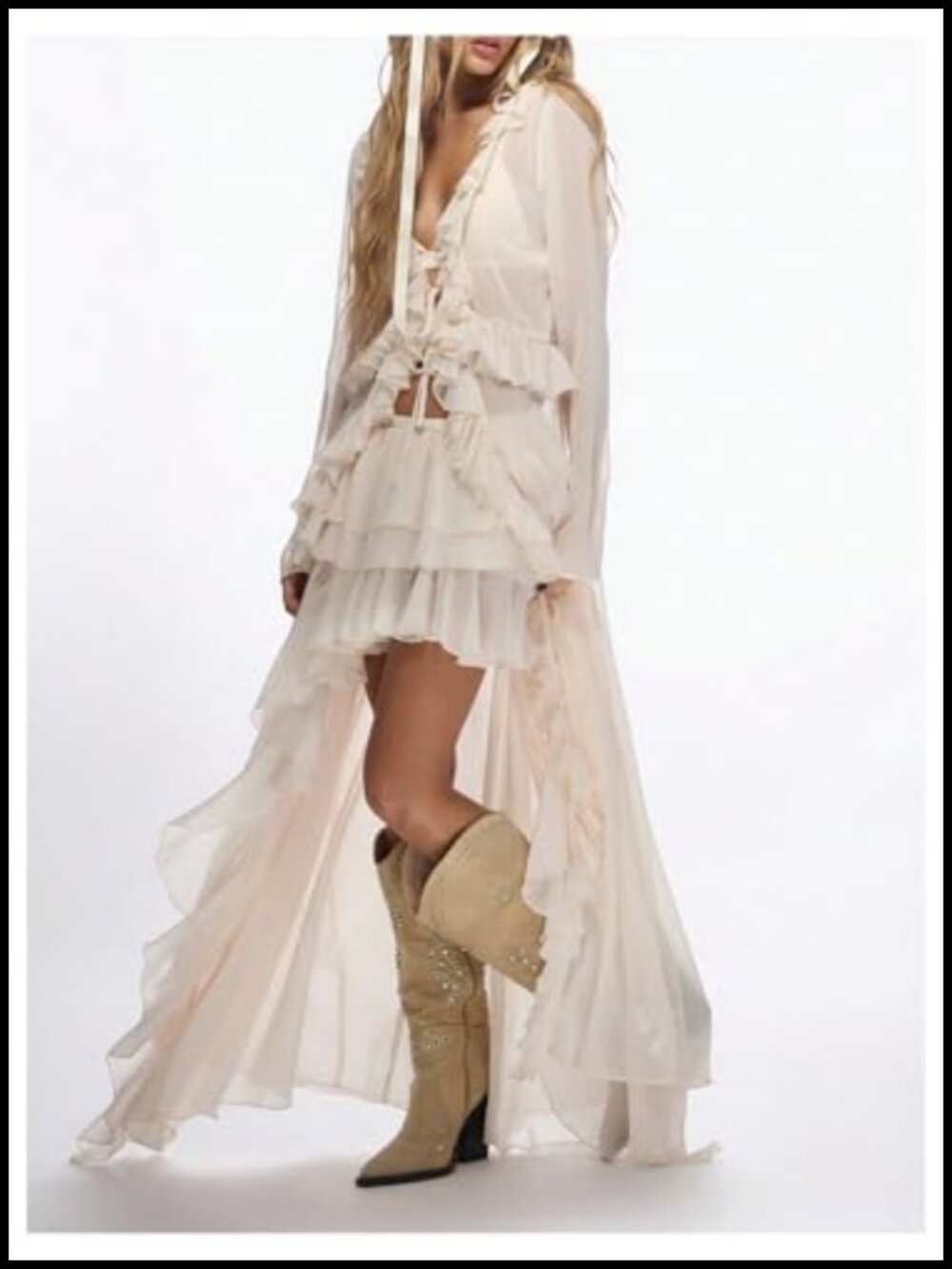 Western High Low Ruffle Chiffon Skirt - Cowgirl Country Concert Outfit - Picture 2 of 5